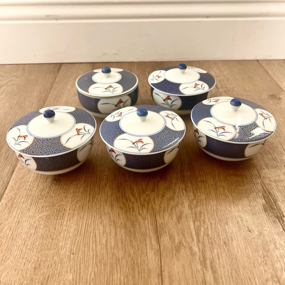 Vtg Koransha Arita Ware Yunomi Orchid Blue W/ Gold Trim Teacup With Lid Set Of 5
